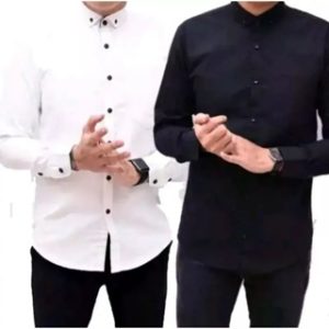 Paket Hemat 2 Pcs Kemeja Polos Panjang Pria Hitam Putih Slimfit Formal Kasual Katun Premium 1