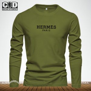 Baju Kaos Pria Wanita Lengan Panjang Tshirt Distro Logo Hermes Paris Text Hitam Premium Quality