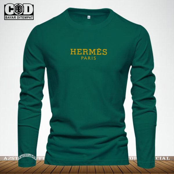 Baju Kaos Pria & Wanita Lengan Panjang / Tshirt Distro Logo Hermes Paris Text Gold / Baju Kaos Pria & Wanita Premium Quality